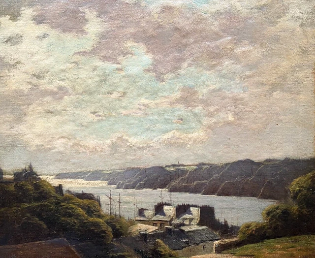 ANCIENNE HUILE SUR panneau signée : paysage lacustre maison au bord d
