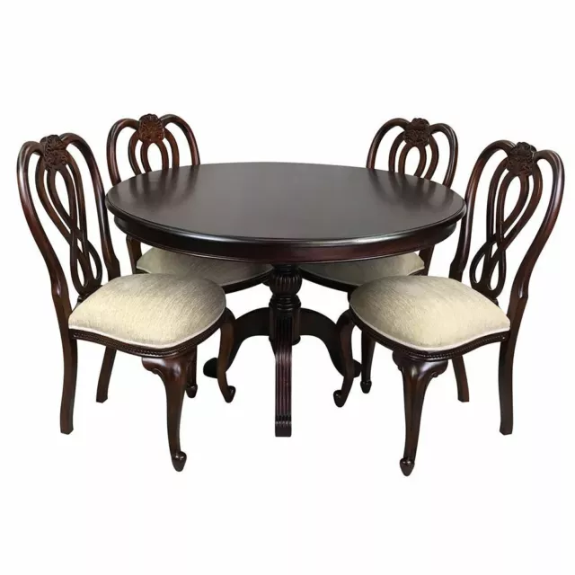 Solid Mahogany Wood Round Dining Table 125cm with 4 Chairs Circle Reproduction