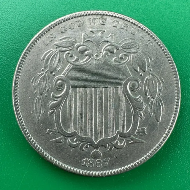 1867 Shield Nickel 'No Rays' AU Nice Eye Appeal Nice Strike High Grade Coin