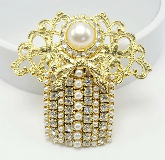 Jane Brooch Signed & Marked Gold Pearl Rhinestones Elegant