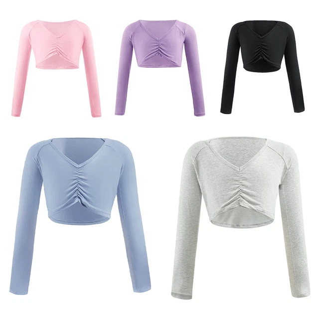 Camicia Top Ragazze Allenamento Crop Top Colore Solido Collo a V Dancewear Ginnastica Bambini
