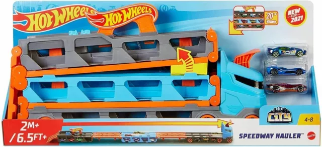 Hot Wheels City Speedway Hauler, Toy Car Storage with 2 Metre Racetrack and  Dual Launcher, 4 Level Hauler Stores 22 Toy Cars, Includes 3 Toy Cars