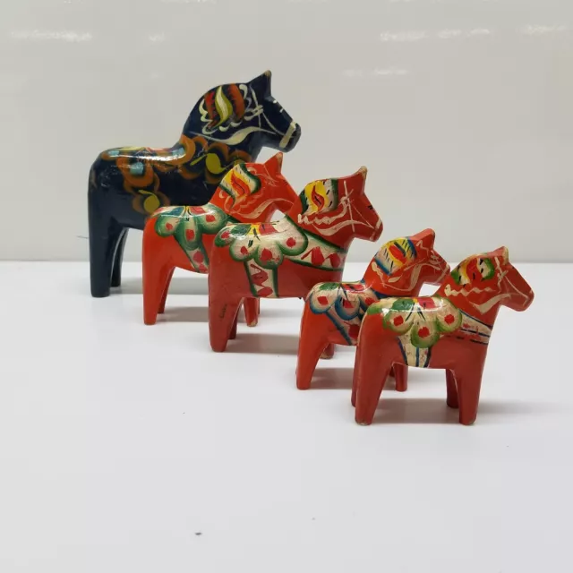 Lot of 5 Vintage Traditional Dala Swedish Horses Hand Carved Hand Painted Wood