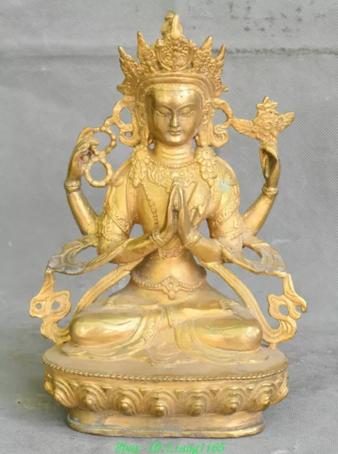 20,3 cm Tibet Messing Kupfer Sitz 4 Arme Chenrezig Buddha Avalokiteshvara Statue