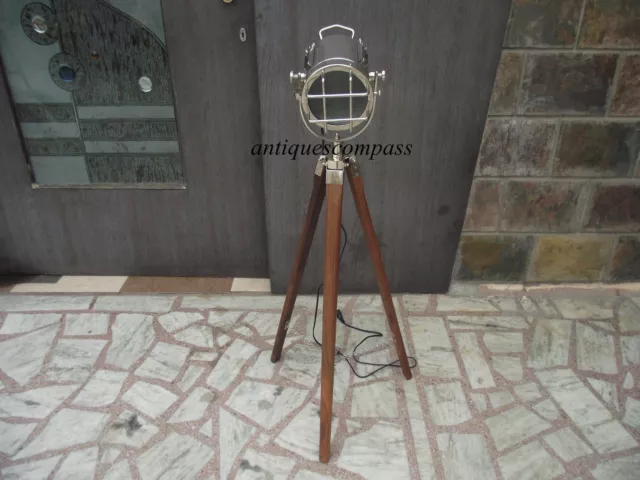 Antique Vintage Industrial Designer Nautical Spot Light Tripod Floor Lamp Decor