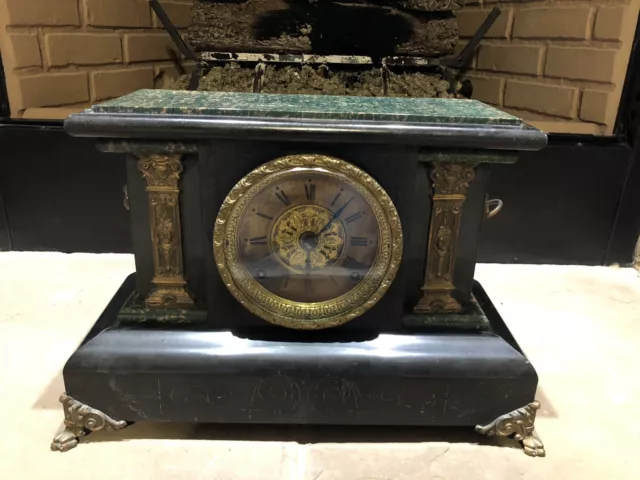 Seth Thomas Antique Black And Green Marbleized Adamantine Mantle Clock *Working*