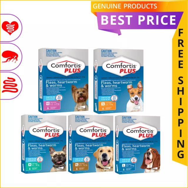 COMFORTIS PLUS 6 Doses for Dogs Flea Heartworm Worm Prevention All Sizes