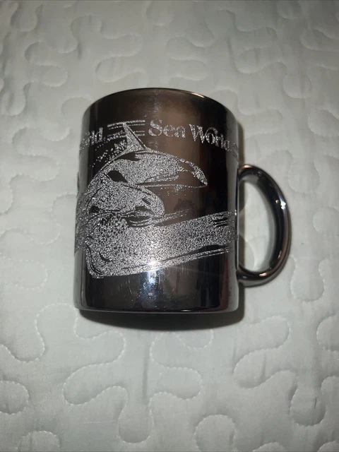 Vintage Sea World Chrome Silver Embossed Souvenir Mug Killer Whale Orca