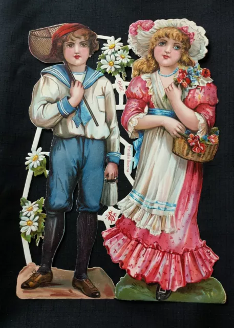 1800s RARE Bavaria Die Cut 13" × 9" Sheet Victorian Boy~Girl Ephemeral~Scrapbook