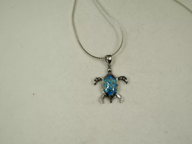 Sterling Silver 925 Blue Opal with CZ Turtle Pendant Necklace