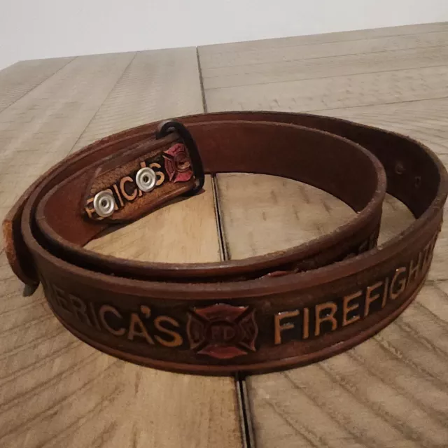 Vintage Americas Firefighter Tooled Leather Belt 49” No Buckle