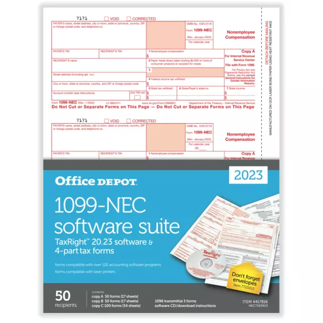 Office Depot Brand 1099-NEC Laser Tax Forms With Software, 8-1/2" x 11", 50PK