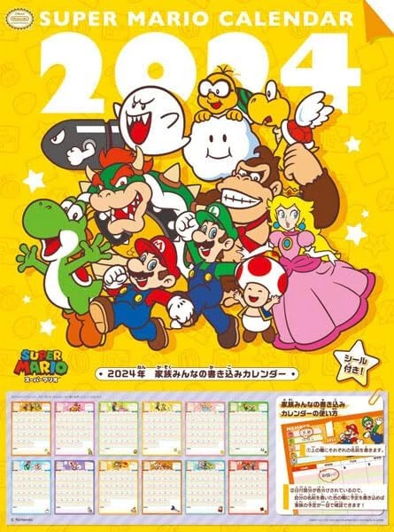 Calendar Super Mario 2024 Writing Calendar+Sticker For The Family Japan New