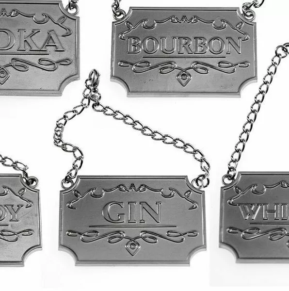 GIN~1 Gorgeous Liquor Decanter Tag Label STUNNING SILVER w Adjustable Chain