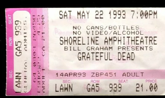 Ticket Concert Grateful Dead Jerry Garcia 1993 5.22 Shoreline Amphitheatre