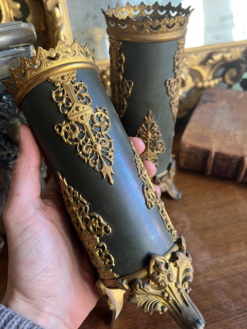 19th Eme Tole & Antique Golden Brass Candelstick 19th Pair of Candelstick Candelsticks