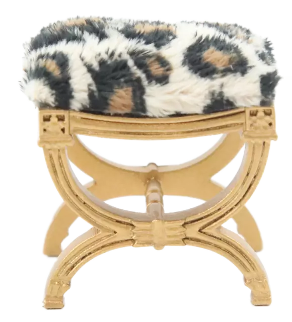 Dollhouse Gold Painted Leopard Print Fur X Frame Stool Miniature JBM Furniture Dollhouse Gold Painted Leopard Print Fur X Frame Stool Miniature JBM Furniture