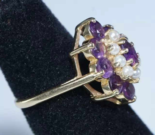 14K Yellow Gold 2ctw AMETHYST & PEARL Statement Ring, 5g, Size 6, ESTATE PIECE 3