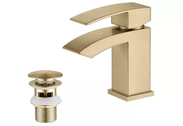 Friota Basin Taps with Pop Up Waste, Brushed Gold Brass Single Lever Waterfall