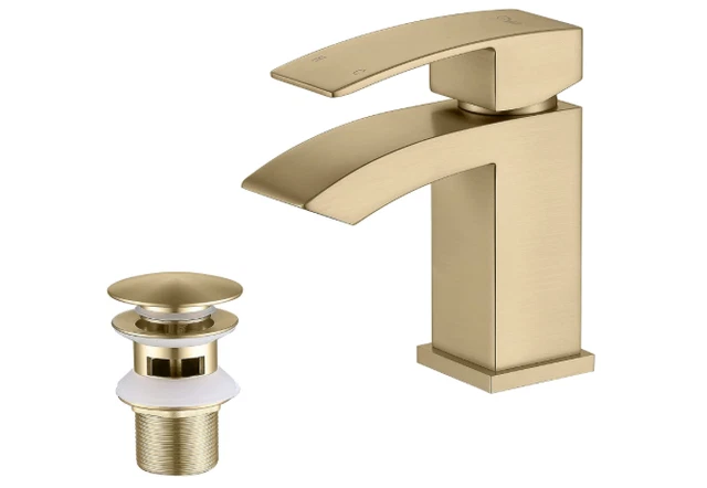 Friota Basin Taps with Pop Up Waste, Brushed Gold Brass Single Lever Waterfall