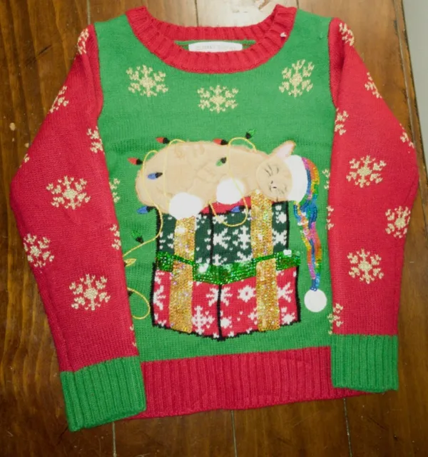 Ugly Christmas Cat/ Kitten Sleeping Sweater Size XS 6-6x Kids Unisex