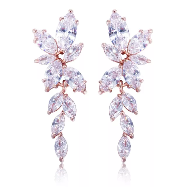 Dazzling Cubic Zircon Rose Gold Plated Leaf Drop Earrings Women Wedding Jewelry