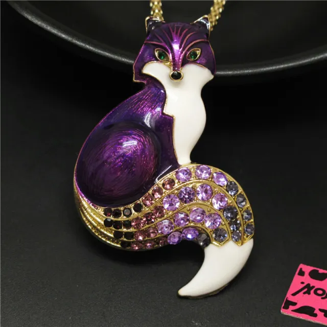 Hot Betsey Johnson Purple Enamel Cute Playful Fox Crystal Pendant Chain Necklace
