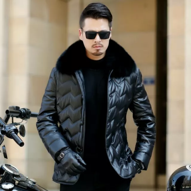 Winter Mens Luxury Leather Jacket Fur Collar Outerwear Puffer Duck down Coat New
