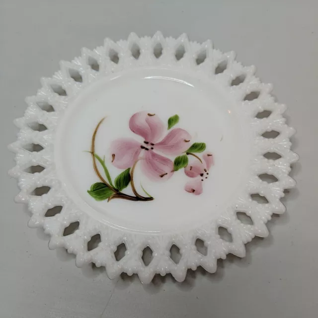 Vtg Kemple Milk Glass Hand Painted Floral  Plate Lattice Edge Pink Pansy 6"W