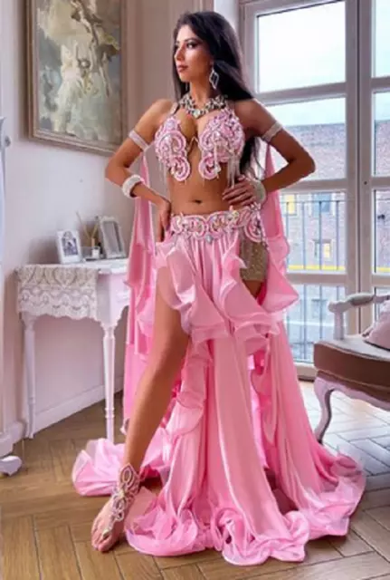 ABDC035 Baby Pink Belly Dance Costumes Set Outfit With Accessories.