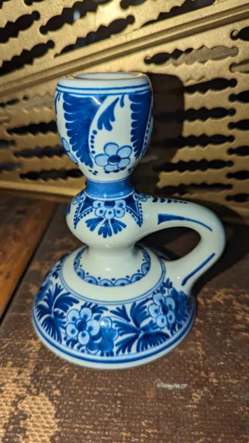 Vintage Delft Candlestick With Finger Loop Dutch Blue & White Pottery