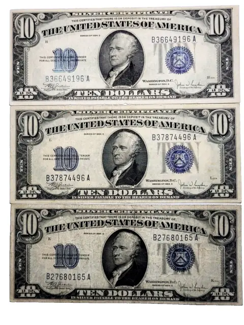3 Notes 1934 C $10 Ten Dollars Blue Seal Silver Certificate High Grade FR. 1702