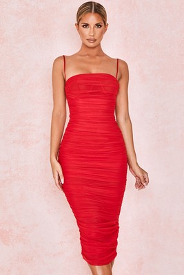 HOUSE OF CB 'Sirene' Red Gathered Organza Mesh Dress /Size S-US 4-6 /JP1160