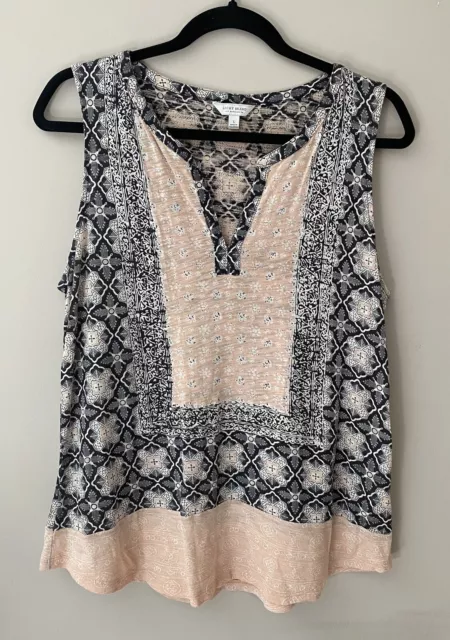 Lucky Brand Sleeveless Casual Boho Top Black White & Peach