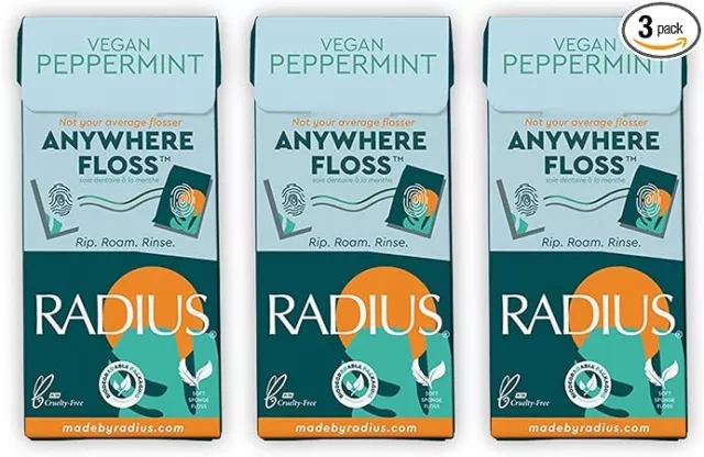 RADIUS Vegan Peppermint Anywhere Floss (Pack of 3, 20 Sachets per pack)