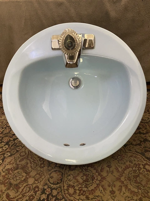 Vintage Mid Century Pastel Blue Round Porcelain Bathroom Sink