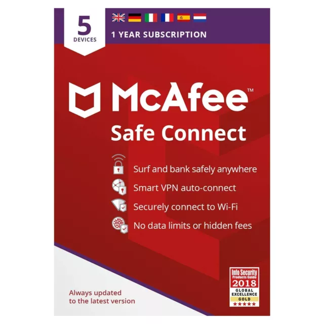 McAfee Safe Connect Unlimited VPN 2024 5 Devices 1 Year (CARD BY POST)