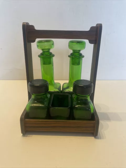 Serviteur De Table Vintage 1950 Teck Et Verre Vert