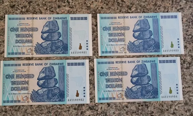 4 x 100 TRILLION DOLLARS ZIMBABWE banknotes  Unc - UV tested