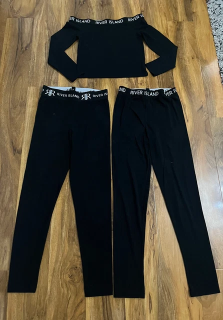 Girls River Island Black Bardot Top And Leggings  X2 Outfit Set Age 11-12 years.