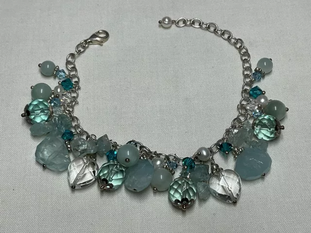 Jewellery Beautiful All 925 Sterling Silver & Quartz/Glass Light Blue Bracelet