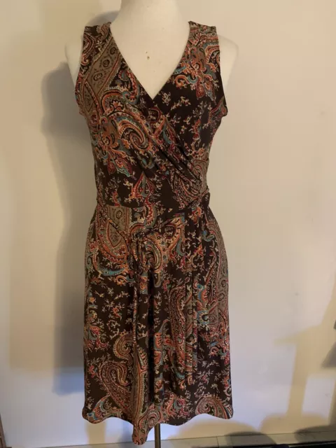 Ralph Lauren LRL Women’s Paisley Ruched Stretchy Faux Wrap Midi Dress Brown SP