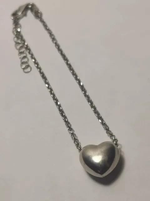 925 Silver Puffed Heart Slider Charm Bracelet Adjustable Rolo Chain 7 - 8 Inc