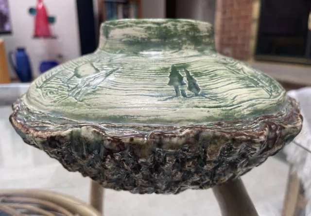 VTG Studio Art Pottery Vase Glaze Green Brown Wood Carved Elk Bark Signed Rustic