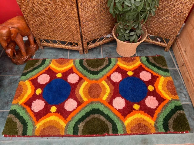 Vintage Mid Century Retro Geometric Vibrant Multi Coloured Pattern Rug