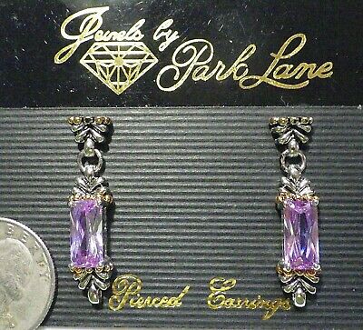 Vtg JEWELS BY PARK LANE Ornate Baguette Amethyst Crystal Dangle Pierced Earrings