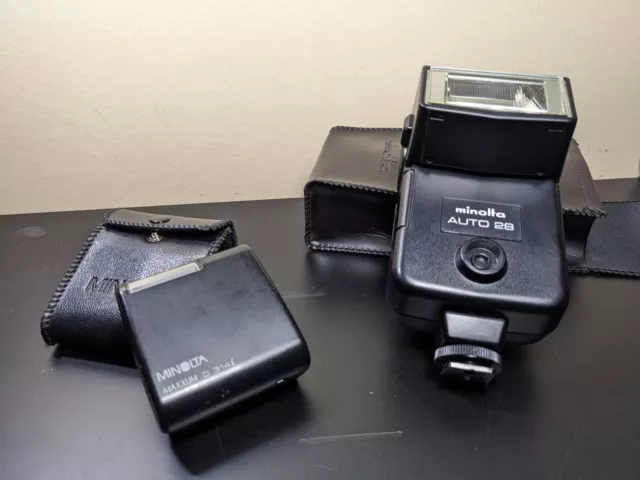 2 Minolta Hot Shoe Flash Units | Auto 28 & Maxxum D 314i | w/ cases