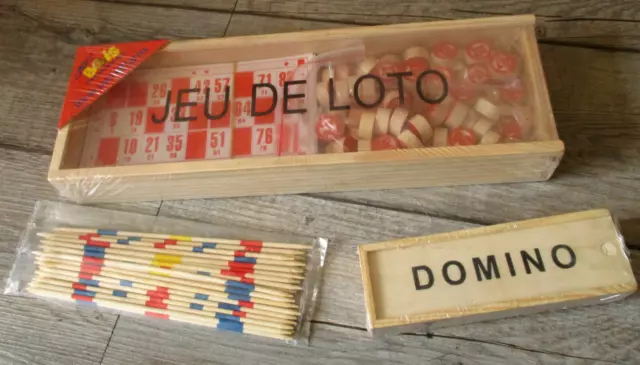 Set of 3 Wooden Games - Lottery Game - Domino Game - Mikado Game - New