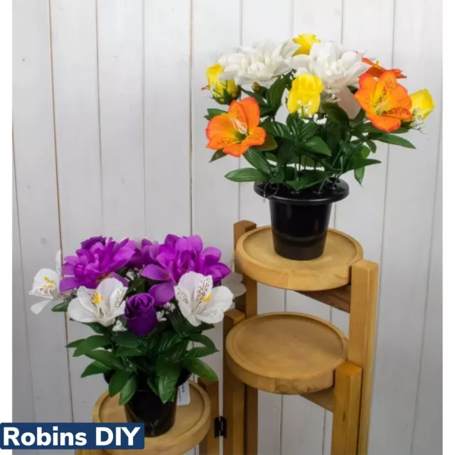 2 X Memorial Grave - Cemetery Pots With Artificial Flowers - Rose Mix