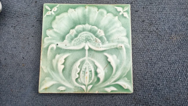 Old Vintage Antique Printed Pottery Fire Place Surround Tiles Green flower